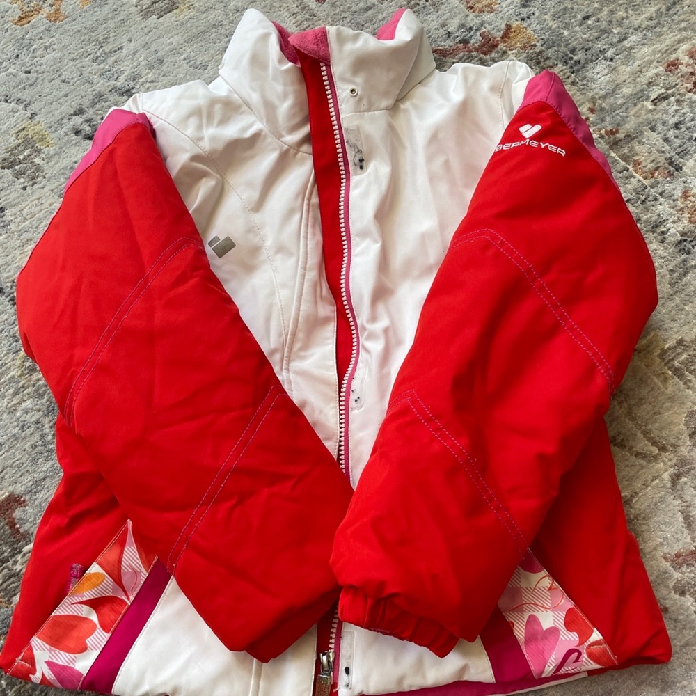 Obermeyer Girls Ski Snow Jacket Coat Size 8 Pink White Waterproof Hooded.